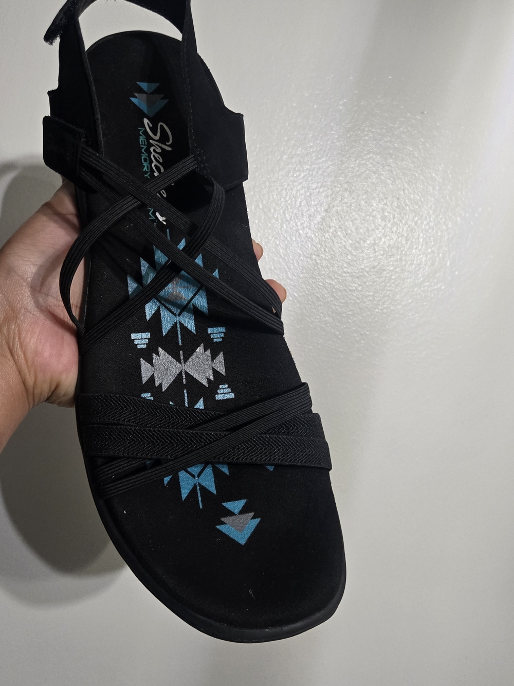 Skechers Black Sandals with Blue Aztec Footbed - Picture 3 of 8